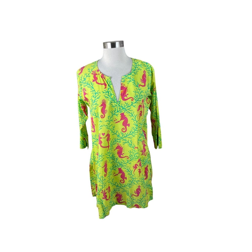 Gretchen Scott Designs Lime Green Seahorse Coral V Neck Tunic XS Beachy Coastal